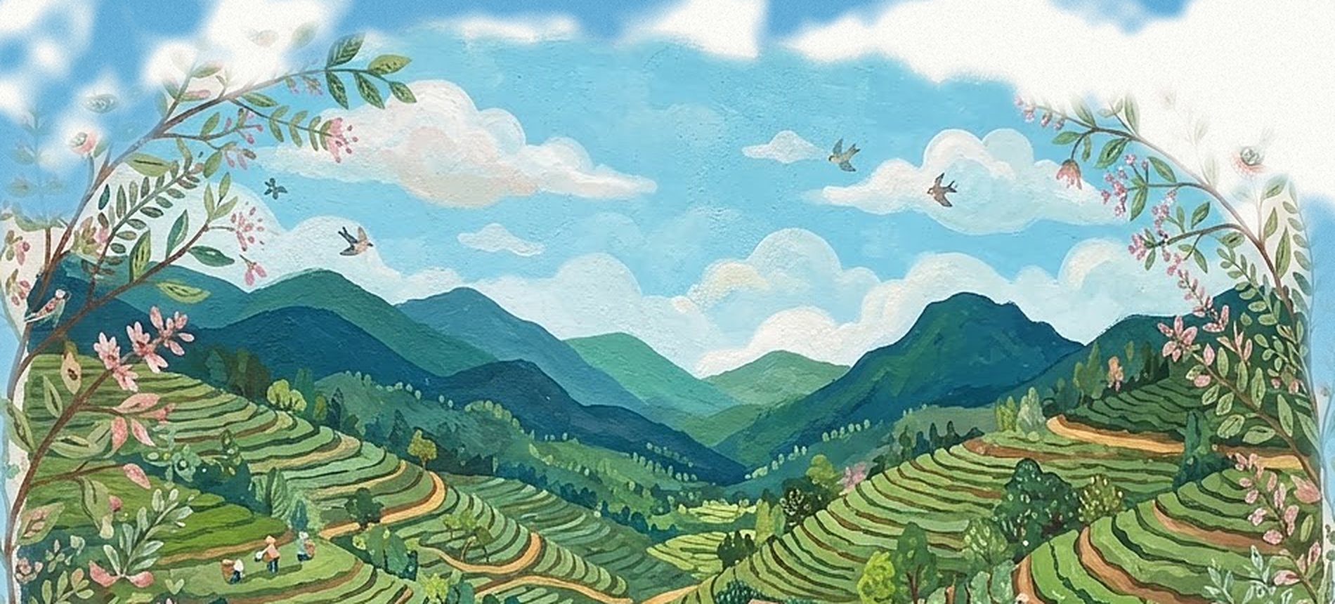 Hand-painted mural of terraced green herb fields and blue mountains, inspired by the workshop entrance wall